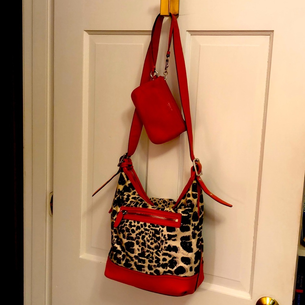Coach Leather & Canvas Purse w/Matching Wristlet
